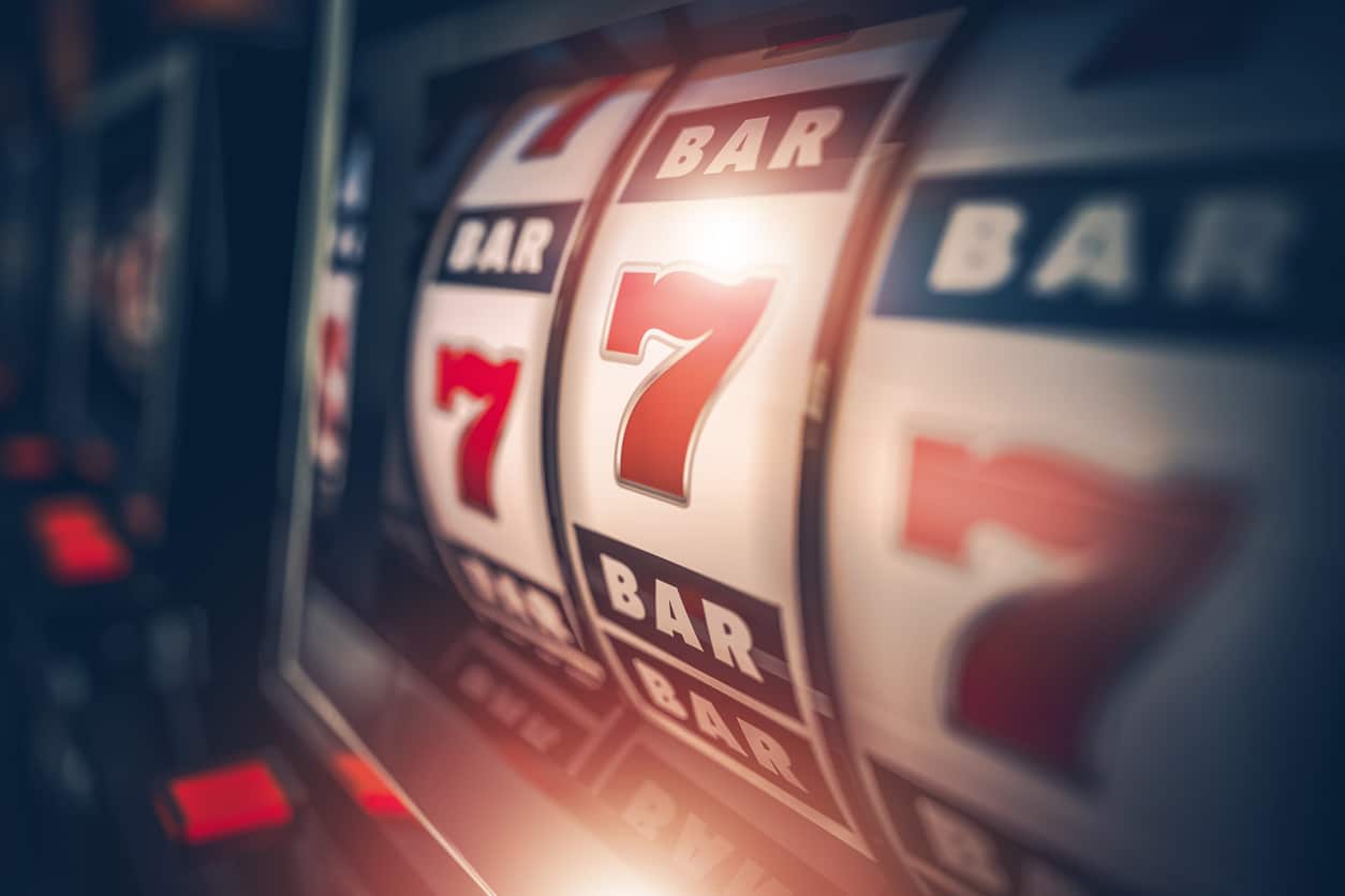 Casino Slot Games Playing Concept 3D Illustration. One Armed Bandit Slot Machine Closeup.